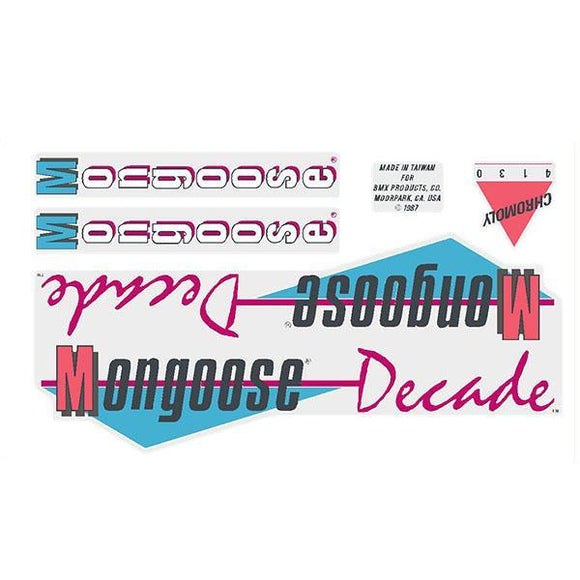 1987 Mongoose - Decade decal set - White, Chrome or Mint frame