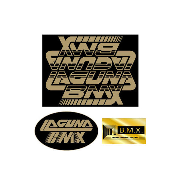 Laguna - Slanted Font for alloy frame Black gold decal set