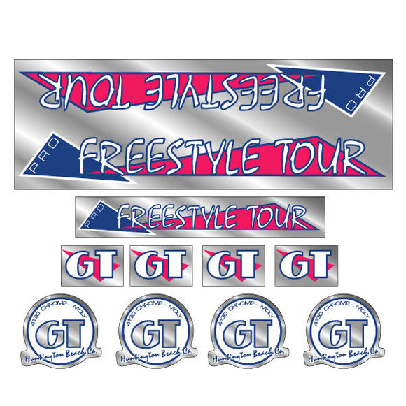 1986 GT BMX - PRO Freestyle Tour - THIN PRO - Magenta and blue on Chrome - decal set