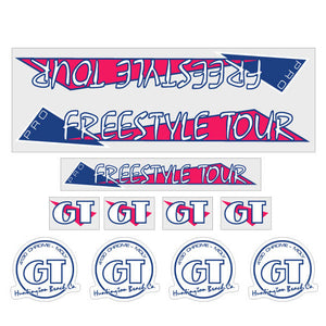 1986 GT BMX - PRO Freestyle Tour - THIN PRO - Magenta and blue on Clear - decal set