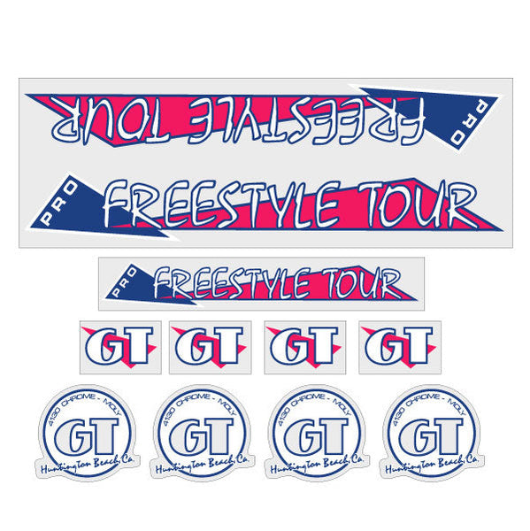 BMX GT フリースタイルプロフレームステッカー 1986 GT BMX - PRO Freestyle Tour - Magenta and blue on Clear