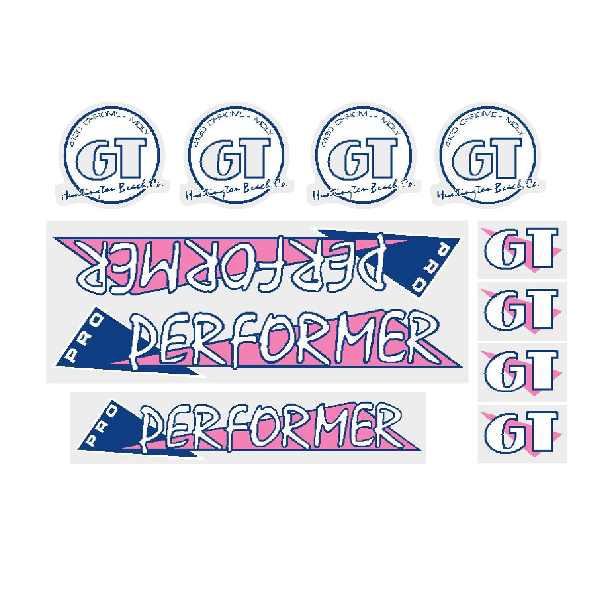 1986 GT BMX PRO Performer pink and blue on clear decal set