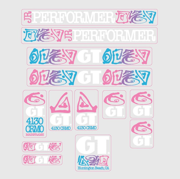 1989 GT BMX - Performer JR - Pink-White on Clear decal set