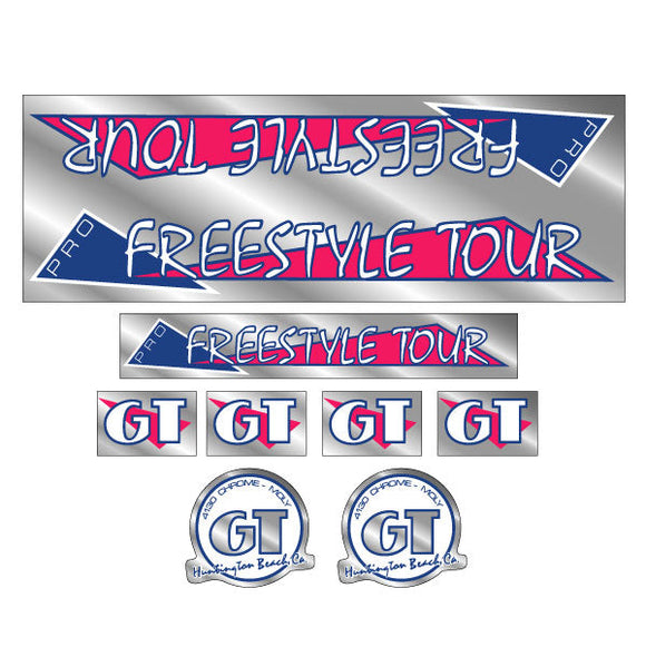 1986 GT BMX - PRO Freestyle Tour - THIN PRO - Pink and blue on Chrome - decal set