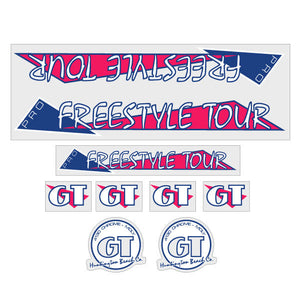 1986 GT BMX - PRO Freestyle Tour - THIN PRO - Magenta and blue on Clear - decal set