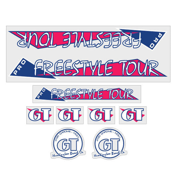 1986 GT BMX - PRO Freestyle Tour - Pink and blue on Clear - decal set